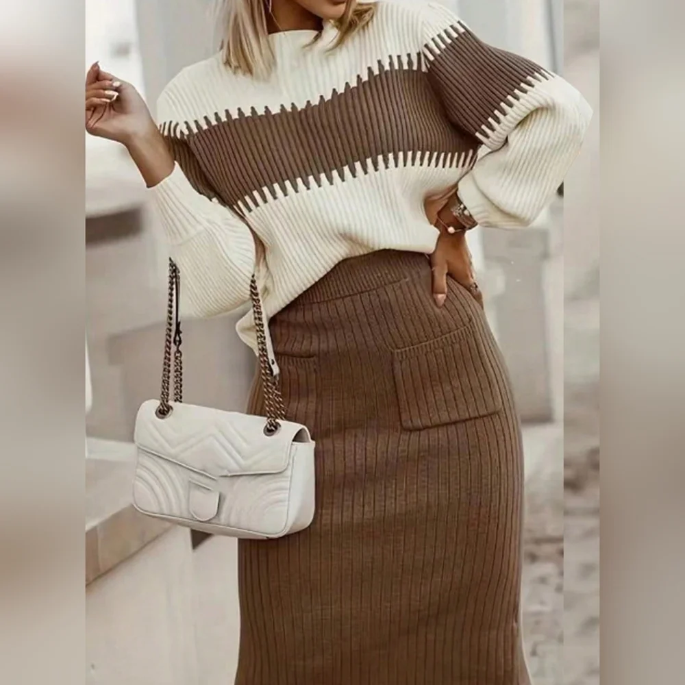 2pcs/Set Color Block Sweater And Sweater Dress Set - Picture 1 of 5